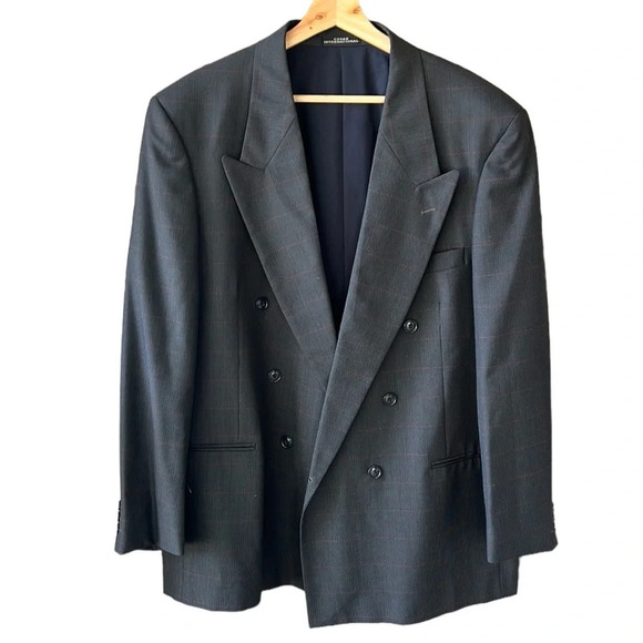 Givenchy Men Wool Blend Double Breasted Blazer Charcoal/ Red Window Pane Sz.44 - Picture 3 of 10